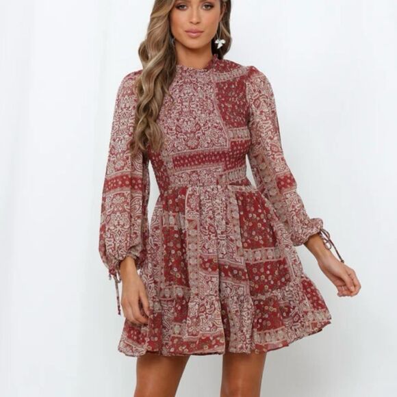 Polly Burgundy Patterned Ruffle Neck Long Sleeve Fit & Flare Dress - Picture 2 of 12